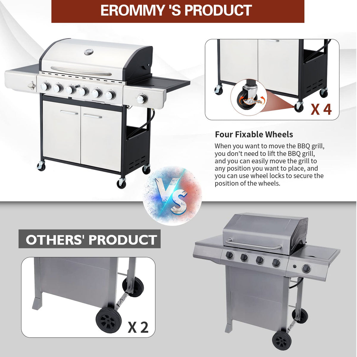 EROMMY 6 Burner BBQ Propane Gas Grill, 58,000 BTU Stainless Steel Patio Garden Barbecue Grill with Stove and Side Table