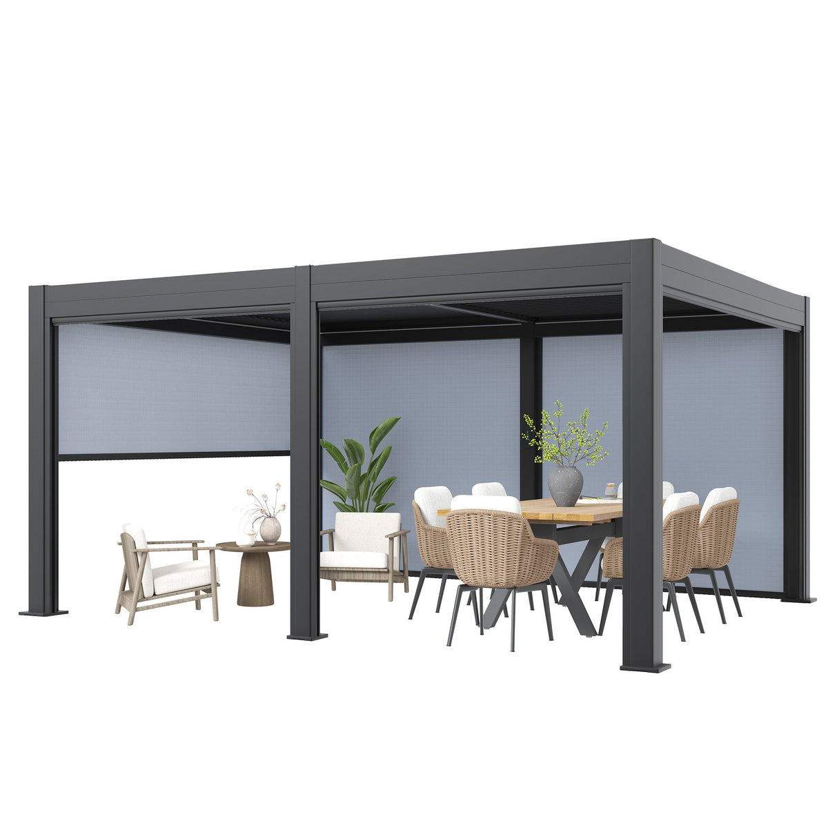 EROMMY 12' x 16' Outdoor Pergola with LED Lights, Aluminum Gazebo with Motorized Louvers & Side Screens for Patio, Backyard & Poolside, Black (Ship Before November)