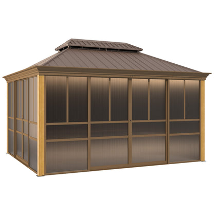 EROMMY 12'*14' Sunroom, with Front Door, Side Entrance, Galvanized Steel Double Top, Wood Grain Appearance, Aluminum Alloy Frame, Solarium Backyard Sun Room