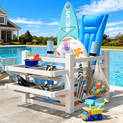 EROMMY 64" W x 46" L x 38" H Pool Storage Organizer with Hooks, Waterproof Float Storage Bin, White