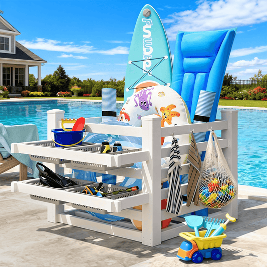 EROMMY 64" W x 46" L x 38" H Pool Storage Organizer with Hooks, Waterproof Float Storage Bin, White
