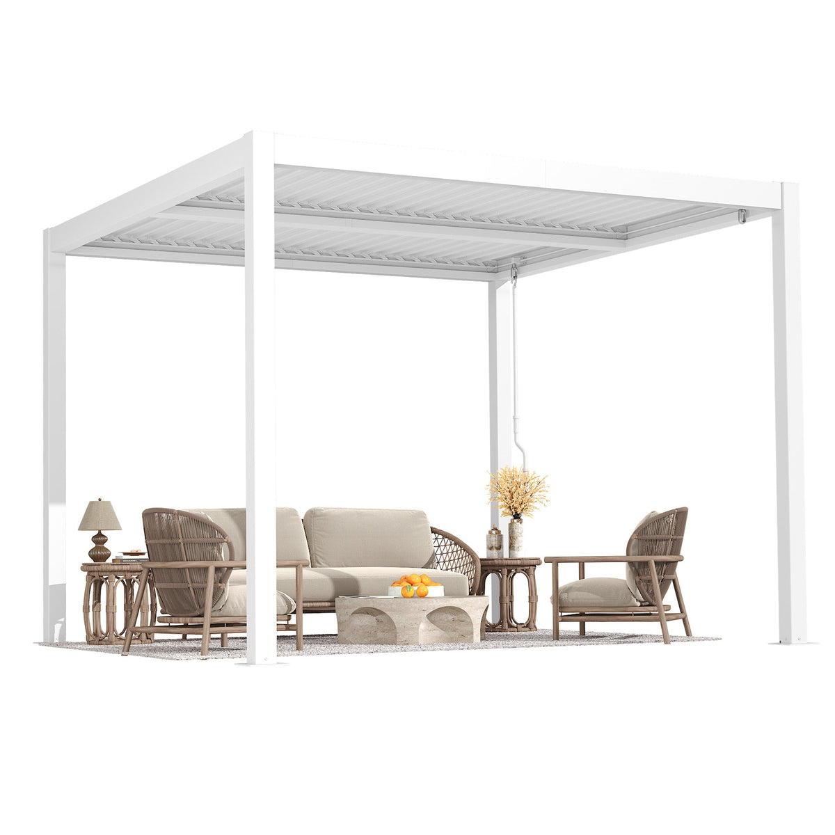 EROMMY 10' x 10' Outdoor Pergola with Adjustable Louvered Roof & Integrated Drainage, White