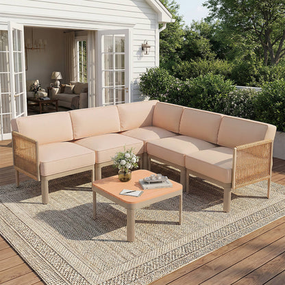 EROMMY 6-Piece Aluminum Patio Sectional Sofa Set, Outdoor Conversation Set with 6" Washable Thick Cushions & Coffee Table,  Beige
