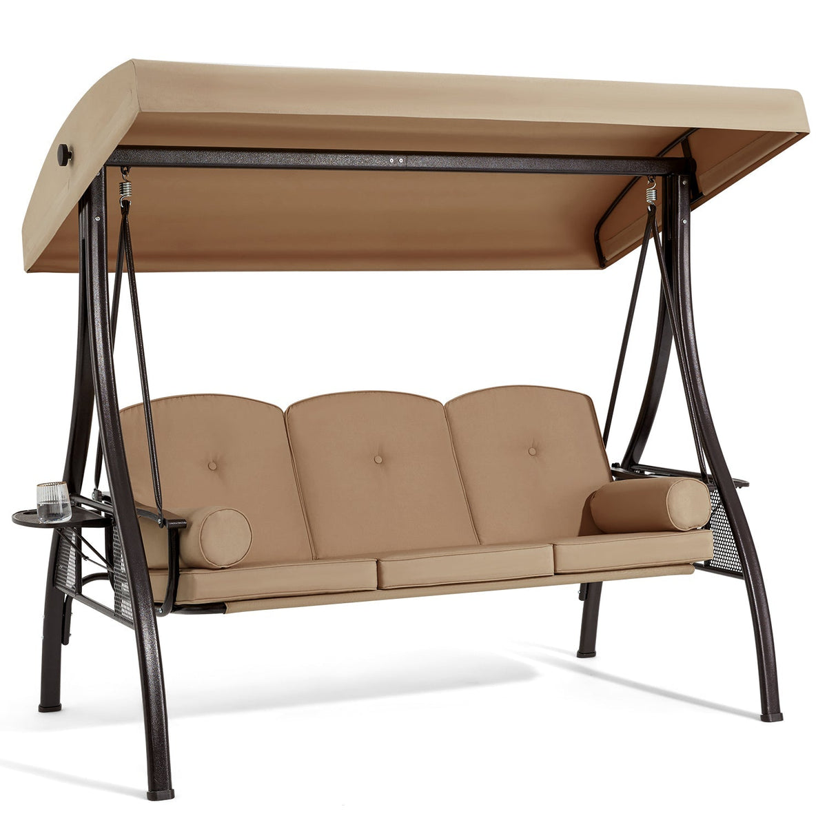 EROMMY 3-Seat Outdoor Porch Swing with Adjustable Canopy and Backrest, Brown