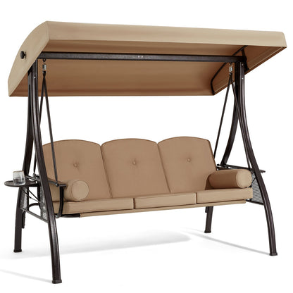 EROMMY 3-Seat Outdoor Porch Swing with Adjustable Canopy and Backrest, Brown