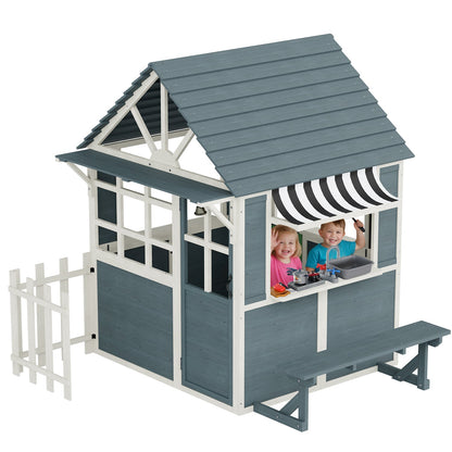 EROMMY Outdoor Playhouse for Kids, Wooden Kid Play House with Kitchen Toys ,Blue Grey