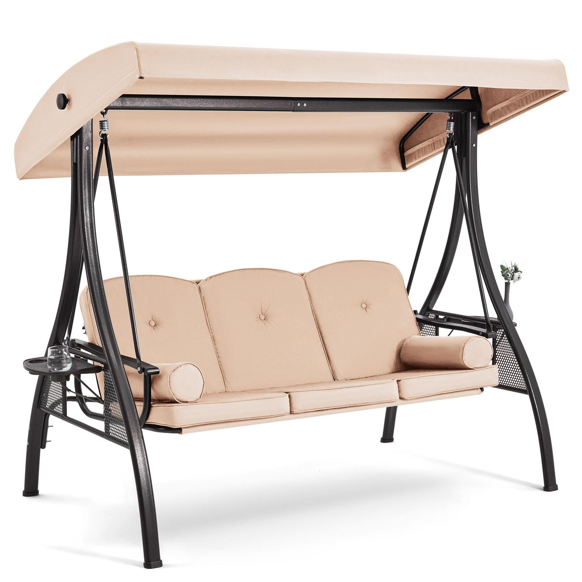 EROMMY 3-Seat Outdoor Porch Swing with Adjustable Canopy and Backrest, Khaki