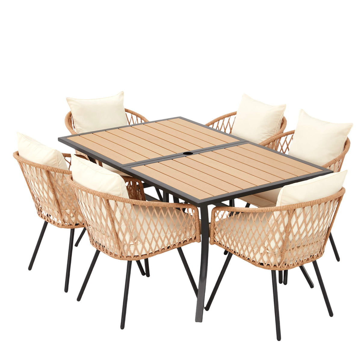 EROMMY 7-Piece Outdoor Dining Set – Rectangular Table with Umbrella Hole & 6 Rattan Chairs, Beige