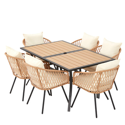 EROMMY 7-Piece Outdoor Dining Set – Rectangular Table with Umbrella Hole & 6 Rattan Chairs, Beige