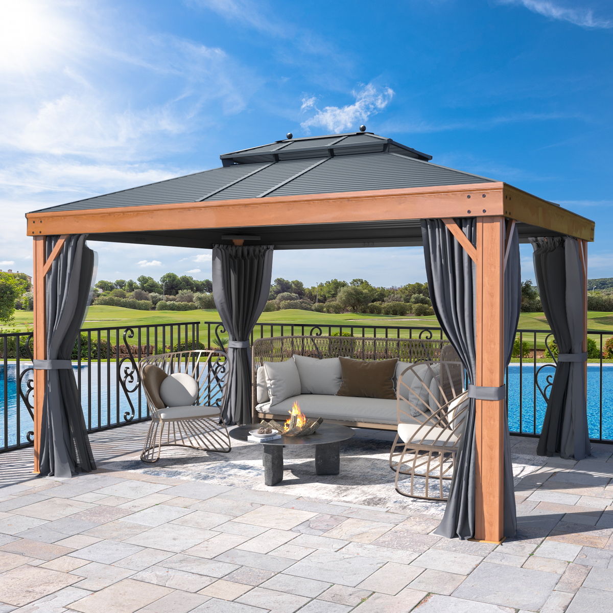 EROMMY 10' x 13' Hardtop Gazebo Faux Wood Grain with Aluminum Frame, Galvanized Steel Double Roof
