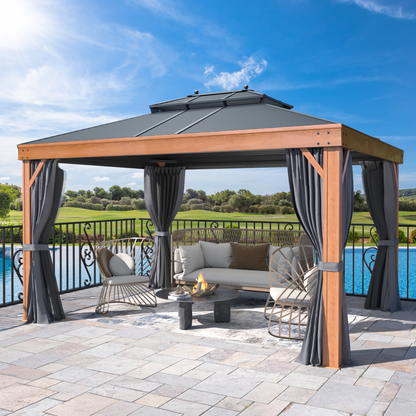 EROMMY 10' x 13' Hardtop Gazebo Faux Wood Grain with Aluminum Frame, Galvanized Steel Double Roof