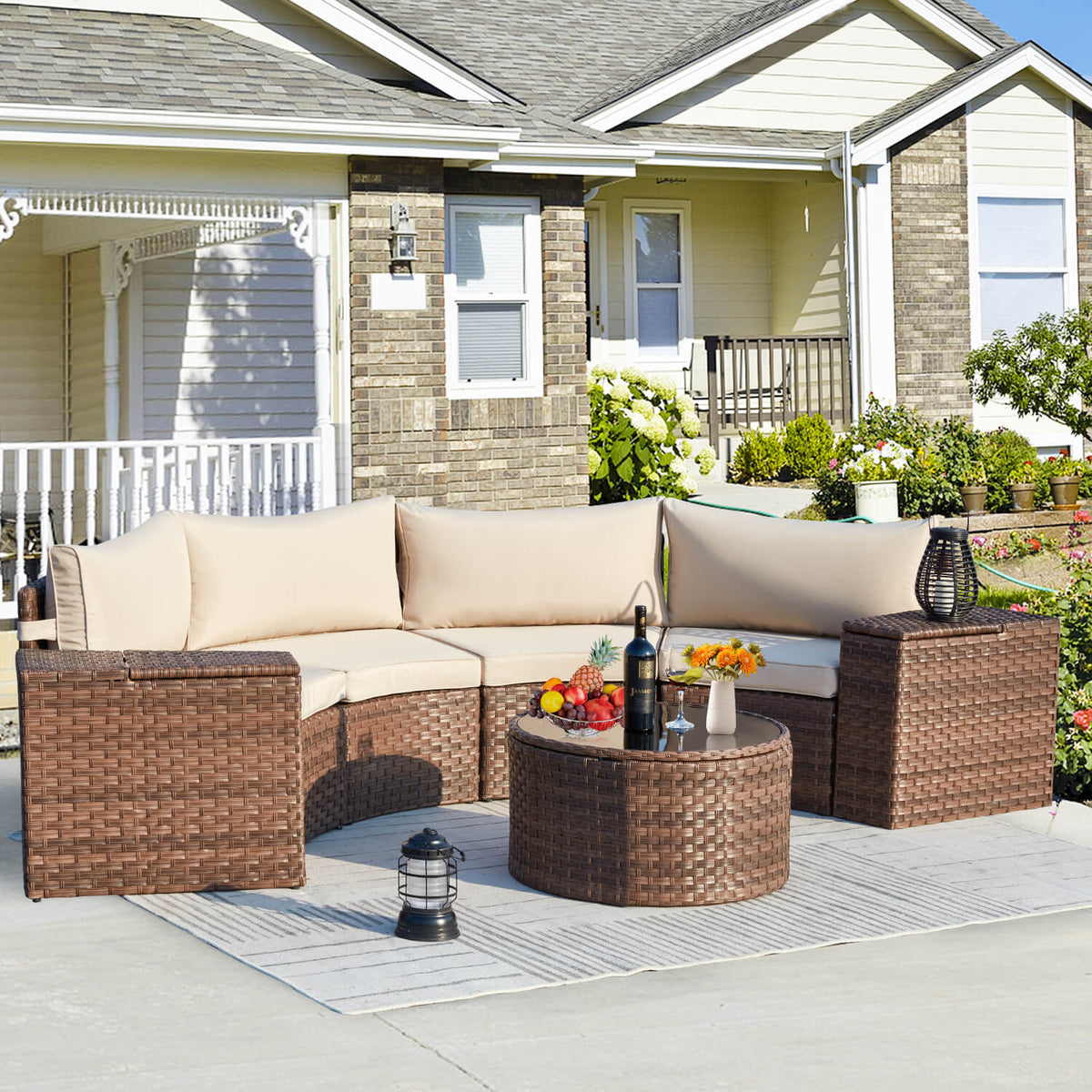 EROMMY Outdoor Patio Furniture Set, 7-Piece Half-Moon Wicker Patio Sofa Set with Storage Table, Brown & Beige