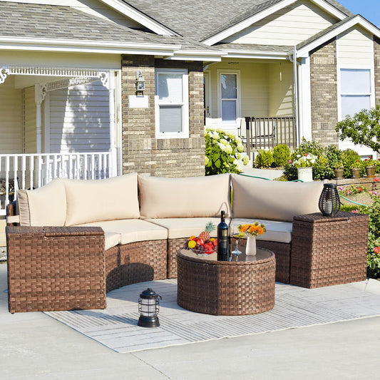 EROMMY Outdoor Patio Furniture Set, 7-Piece Half-Moon Wicker Patio Sofa Set with Storage Table, Brown & Beige