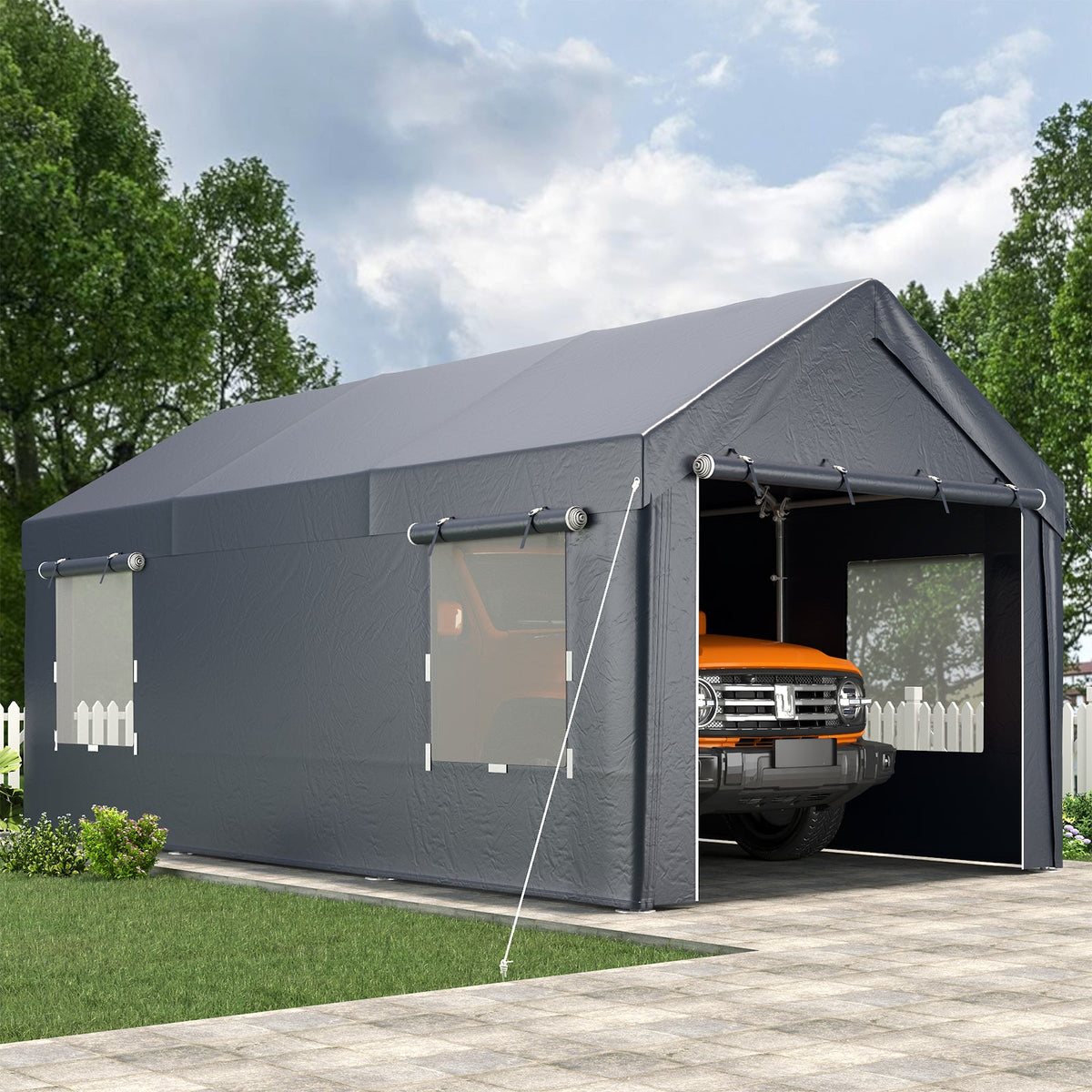 EROMMY Carport, 10' x 20' Heavy Duty Carport with Roll-up Windows，Portable Garage with Removable Sidewalls, Car Canopy for Truck, Tractor, Boat, Gray