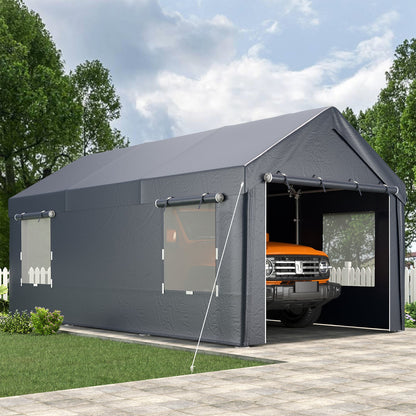 EROMMY Carport, 10' x 20' Heavy Duty Carport with Roll-up Windows，Portable Garage with Removable Sidewalls, Car Canopy for Truck, Tractor, Boat, Gray
