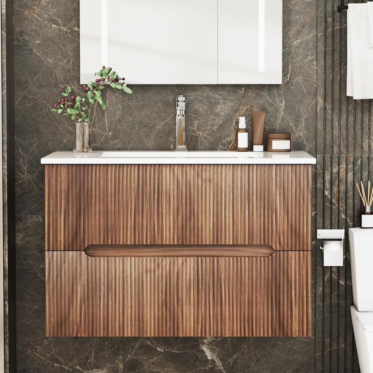 EROMMY 30 Inch Bathroom Vanity with Sink, Floating Bathroom Vanity with Ceramic Basin, Wall Mounted Bathroom Sink Cabinet Set with Soft-Close 2 Drawers, Faucet & Pop Up Drain, Walnut