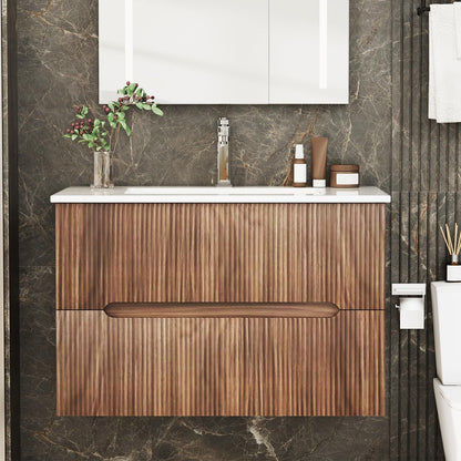 EROMMY 30 Inch Bathroom Vanity with Sink, Floating Bathroom Vanity with Ceramic Basin, Wall Mounted Bathroom Sink Cabinet Set with Soft-Close 2 Drawers, Faucet & Pop Up Drain, Walnut