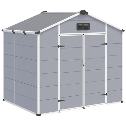 Erommy 8x6 FT Outdoor Storage Shed, Weather-Resistant Shed with Lockable Double Doors & Built-In Floor, Sloped Roof Outdoor Shed for Backyard, Patio & Lawn, Gray