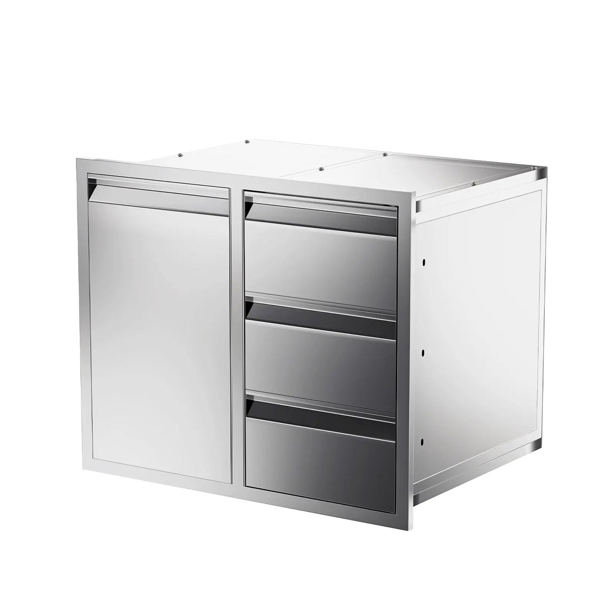 EROMMY Outdoor Kitchen Drawer and Trash Bin Combo - 28"Wx20"Dx23"H Built-in 304 Stainless Steel Cabinet with Triple Drawers & Pull-Out Trash Drawer, Silver