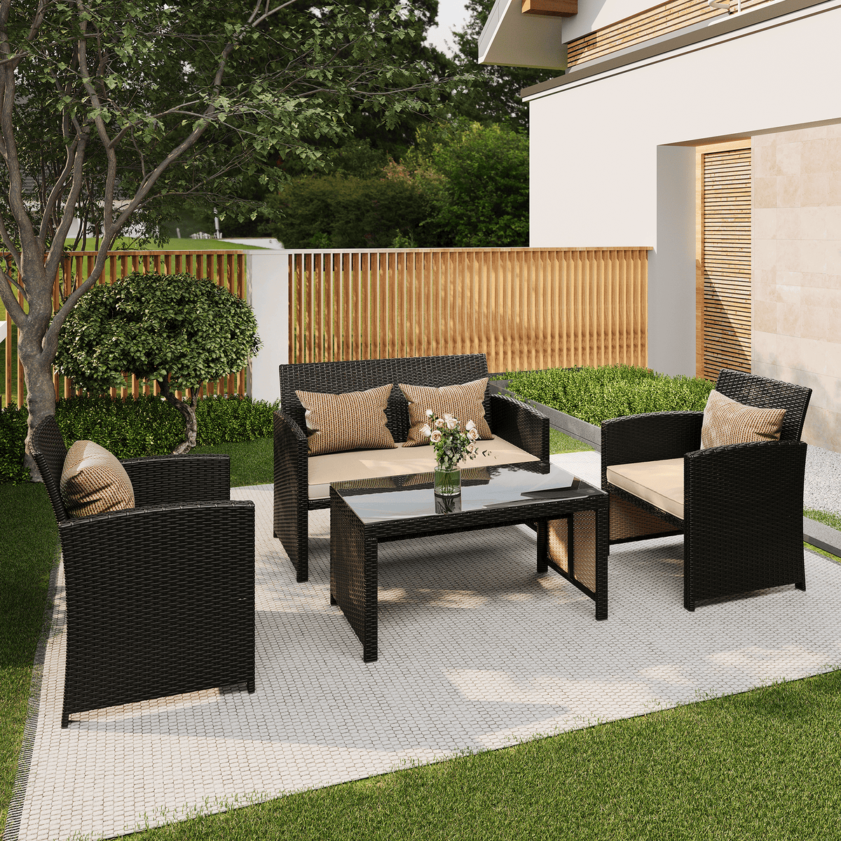EROMMY 4-Piece Patio Furniture Set, Outdoor Wicker Patio Conversation Set with Cushions, Sofa & Glass Coffee Table, Khaki