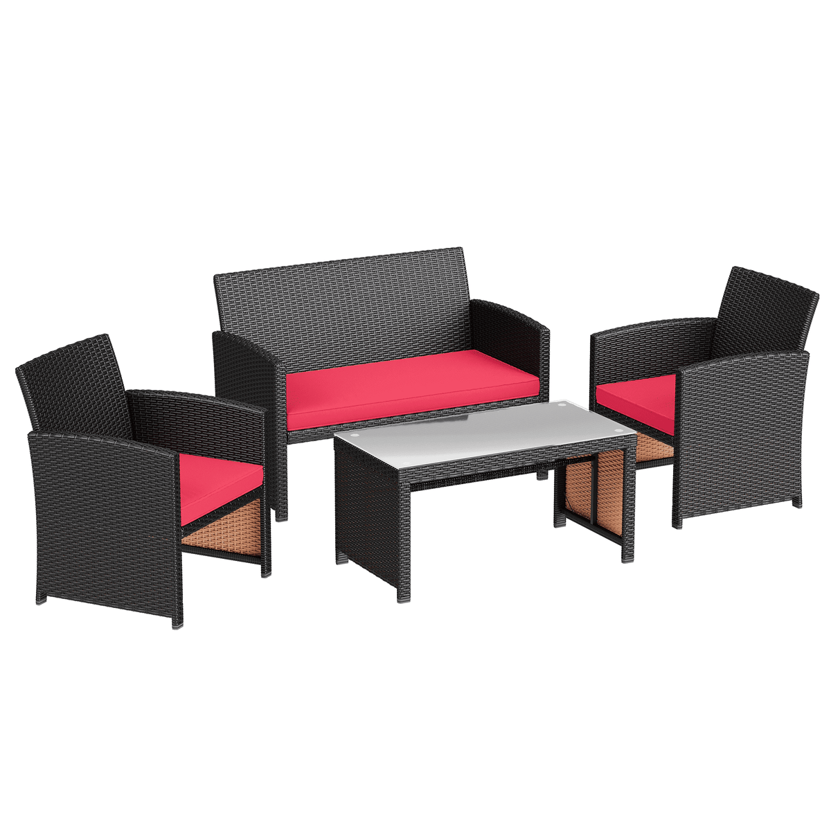 EROMMY 4-Piece Patio Furniture Set, Outdoor Wicker Patio Conversation Set with Cushions, Sofa & Glass Coffee Table, Red