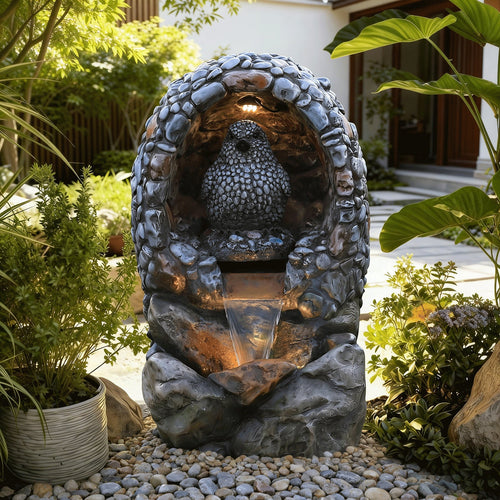 EROMMY Outdoor Water Fountain - Rock-Hollow Bird Outdoor Waterfall Fountain with LED Lights Effect for Patio Deck Yard Home, Gray