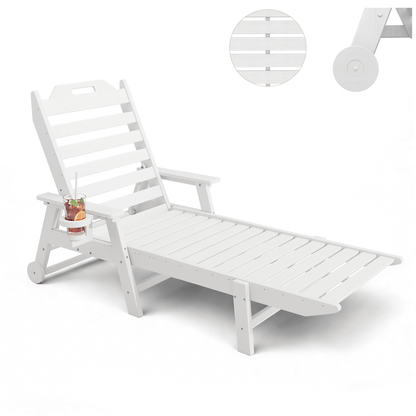 EROMMY 22" W Oversized Chaise Lounge Chairs, Adjustable HDPE Outdoor Chairs with Wheels & Cup Holder, White