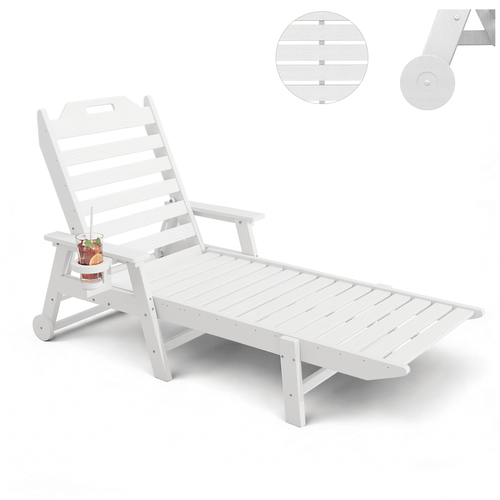 EROMMY 22" W Oversized Chaise Lounge Chairs, Adjustable HDPE Outdoor Chairs with Wheels & Cup Holder, White