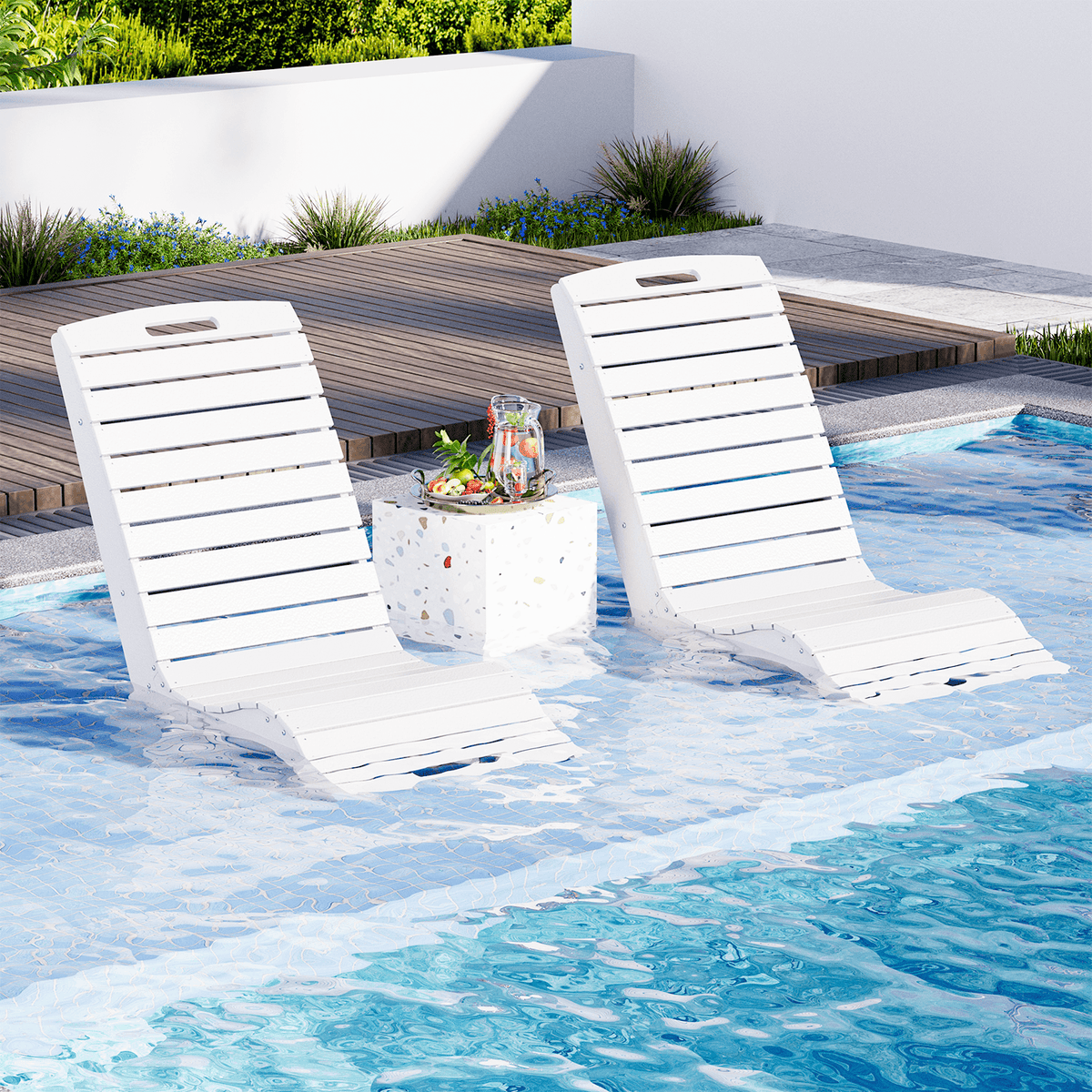 EROMMY HDPE Pool Lounge Chairs Set of 2, In-Pool Chaise with Wheels, S-Shaped, White