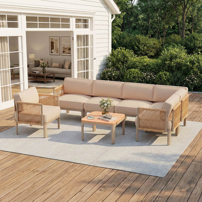 EROMMY 7 Pieces Patio Sectional Furniture Set, Aluminum Frame Outdoor Conversation Set with Single seat, 6" Thick Cushions & Coffee Table, Beige