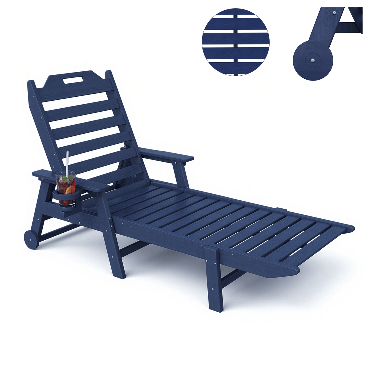 EROMMY 22" W Oversized Chaise Lounge Chairs, Adjustable HDPE Outdoor Chairs with Wheels & Cup Holder, Navy Blue