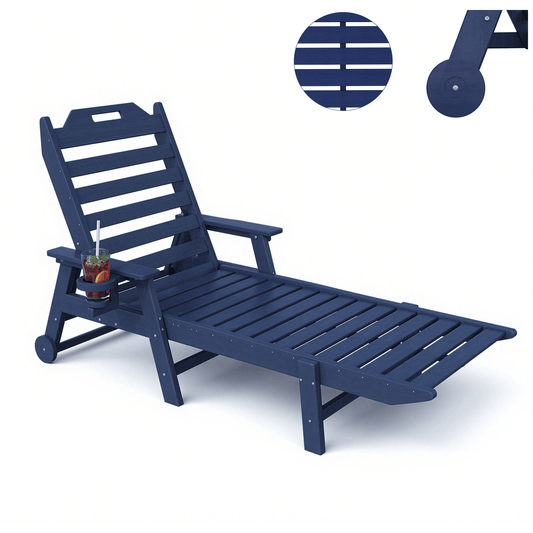 EROMMY 22" W Oversized Chaise Lounge Chairs, Adjustable HDPE Outdoor Chairs with Wheels & Cup Holder, Navy Blue
