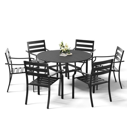 EROMMY 7-Piece Outdoor Patio Dining Set for 6, Round Metal Table with Umbrella Hole & Stackable Chairs