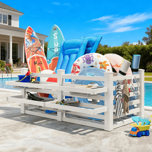 EROMMY 64" W x 92" L x 38" H Extra Large Pool Storage Organizer with Hooks, Waterproof Float Storage Bin, White