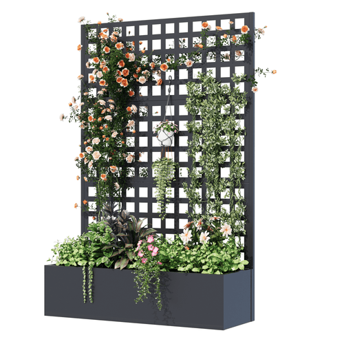 EROMMY Metal Planter Box with Trellis, 71"x 47"x 16" Raised Garden Bed, Planter Box Trellis with Privacy Screen and Drainage Holes, Black