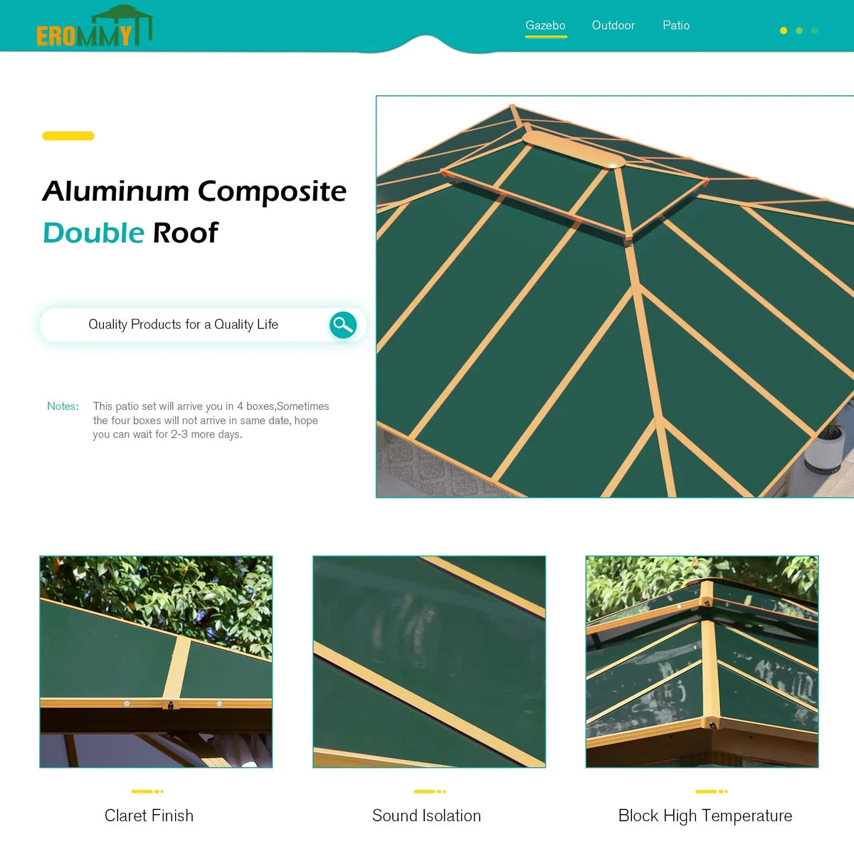 EROMMY 12X16 Gazebo with Wooden Grain Coated Aluminum Frame