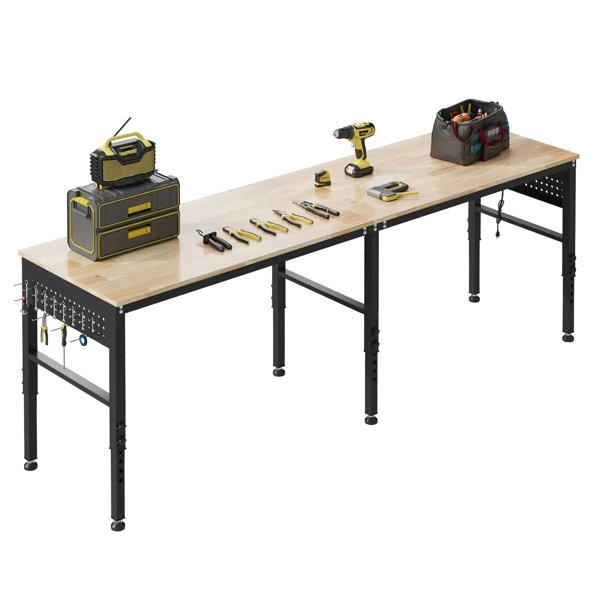EROMMY 96" Adjustable Heavy Duty Workbench with Power Outlets & Pegboard, 2000 LBS Capacity Rubber Wood Top Work Table for Garage, Workshop, Home & Commercial