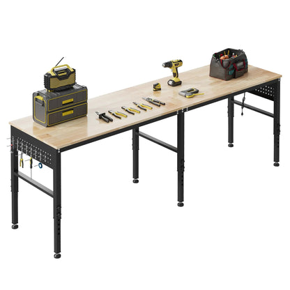 EROMMY 96" Adjustable Heavy Duty Workbench with Power Outlets & Pegboard, 2000 LBS Capacity Rubber Wood Top Work Table for Garage, Workshop, Home & Commercial