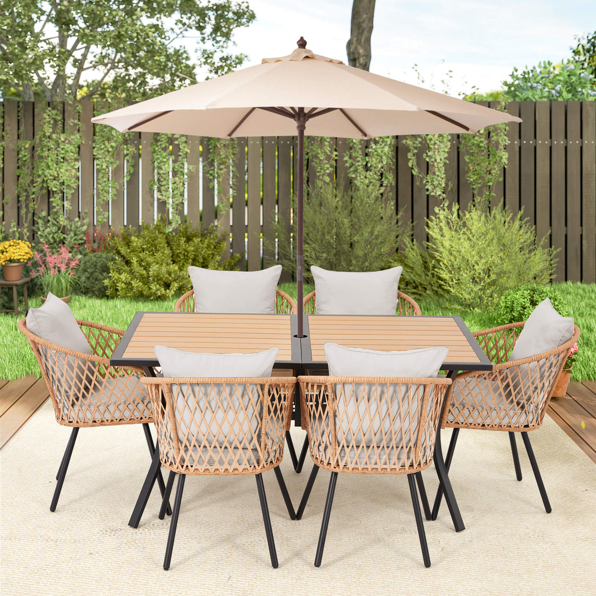EROMMY 7-Piece Outdoor Dining Set – Rectangular Table with Umbrella Hole & 6 Rattan Chairs, Gray