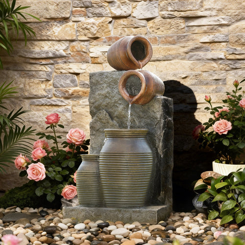 EROMMY 29.9"Tall Outdoor Solar Power Water Fountain - Resin Pottery Cascade Garden Water Fountain with LED Lights Effect  for Patio Deck Yard Home,Brown
