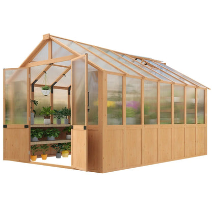 EROMMY 8x12 FT Wooden Greenhouse for Outdoors, Large Walk-in Greenhouse Kit with 4mm Polycarbonate Panels, Adjustable Roof Vent, Lockable Door, Outdoor Greenhouse for Backyard Garden