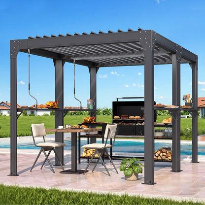 8x10 Louvered Pergola, Aluminum BBQ Pergola, Hardtop Gazebo for Outdoor Grill, Adjustable Rainproof Roof, Pergolas for Patio, Black