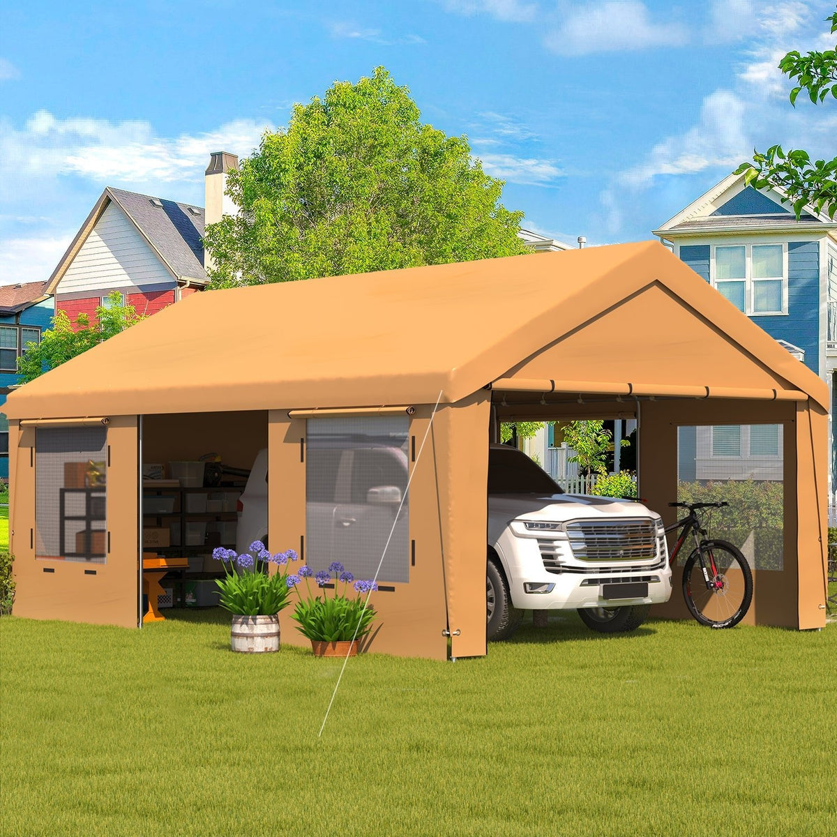 EROMMY 13' x 20' Heavy Duty Carport，Portable Garage with UV Protection & Steel Frame, Car Port with Removable Sidewalls, All-Season Car Canopy for Tractor, Truck, Boat, Yellow