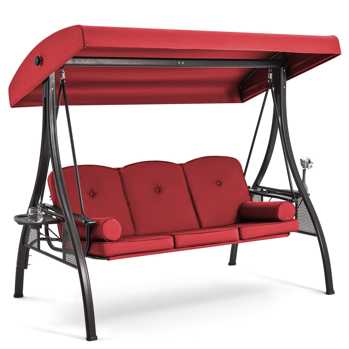 EROMMY 3-Seat Outdoor Porch Swing with Adjustable Canopy Backrest and 2 Side Trays, Wine Red