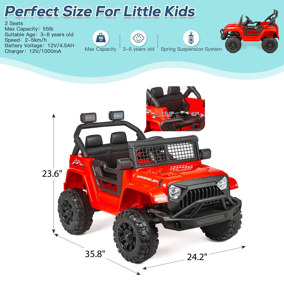 EROMMY 12V Kids Electric Ride On Truck with Remote Control, Safety Belt, Music, Lights and Suspension, Red