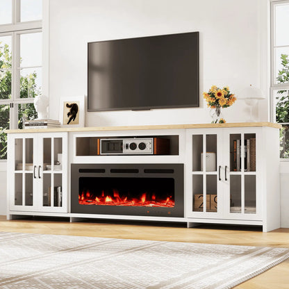 EROMMY 97 Inch Fireplace TV Stand with 42" Electric Fireplace, Fireplace Entertainment Center Media Console, Long TV Stand for Living Room, Television Stands for 100 Inch TV, White