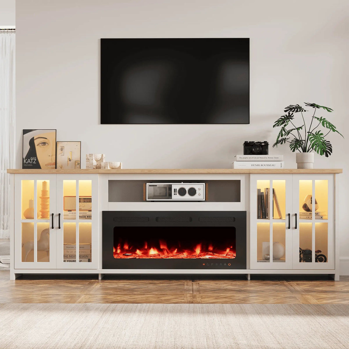 EROMMY 97 Inch Fireplace TV Stand with 42" Electric Fireplace, Fireplace Entertainment Center Media Console, Long TV Stand for Living Room, Television Stands for 100 Inch TV, White