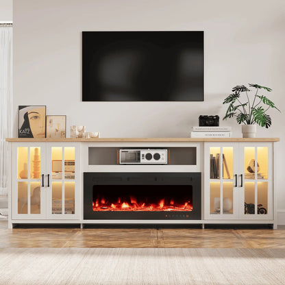 EROMMY 97 Inch Fireplace TV Stand with 42" Electric Fireplace, Fireplace Entertainment Center Media Console, Long TV Stand for Living Room, Television Stands for 100 Inch TV, White