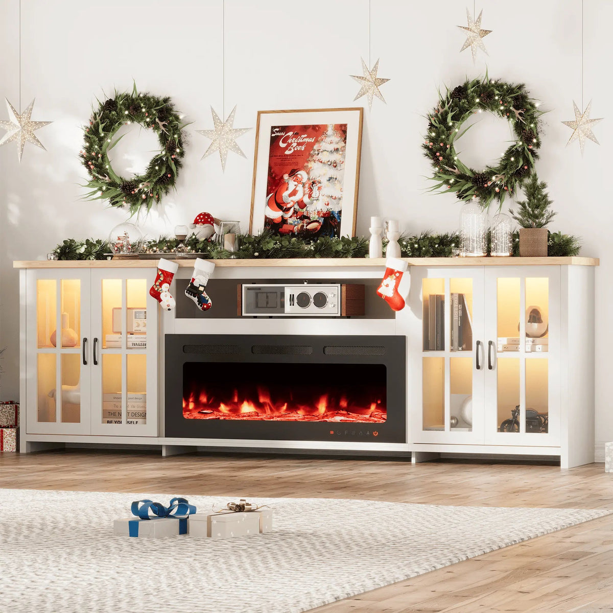 EROMMY 97 Inch Fireplace TV Stand with 42" Electric Fireplace, Fireplace Entertainment Center Media Console, Long TV Stand for Living Room, Television Stands for 100 Inch TV, White