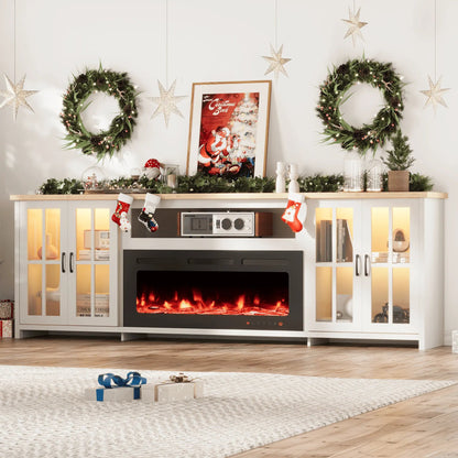 EROMMY 97 Inch Fireplace TV Stand with 42" Electric Fireplace, Fireplace Entertainment Center Media Console, Long TV Stand for Living Room, Television Stands for 100 Inch TV, White